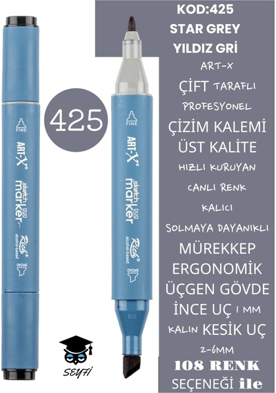 Çift Taraflı Profesyonel Çizim Kalemi Kalıcı Mürekkep Üçgen Gövde İnce Uç 1 Mm Kesik Uç 2-6mm Sketch 425-yıldız Gri