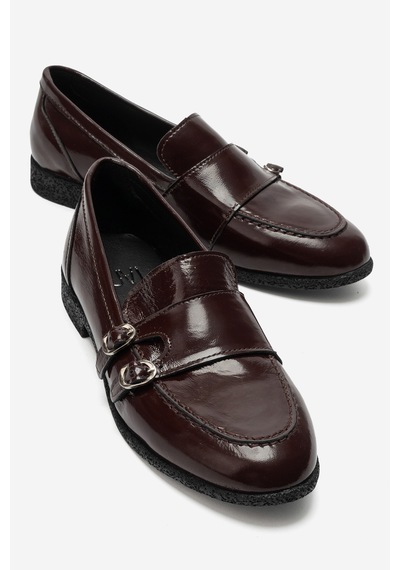 Luvi Shoes Daly Bordo Kırışık Rugan Hakiki Deri Tokalı Kadın Loafer Ayakkabı