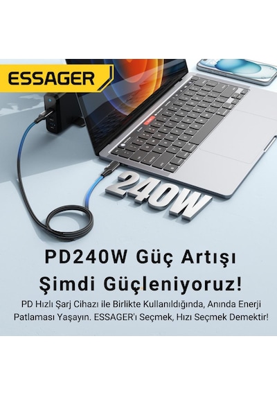 Essager E-marker Çip 2mt Pd3.1 240w Type C Şarj Kablosu 480mbps Şarj Akım Koruma Kopmaz Kablo 48v/5a Desen - Ben10