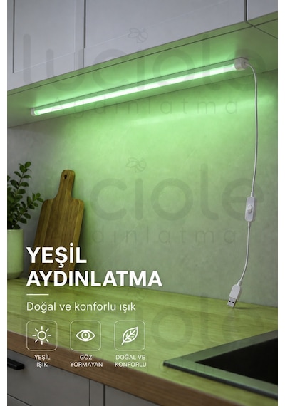 Yeşil Led Profil Lamba 100 Cm Usb 5v Anahtarlı Yapışkanlı Raf Dolap Vitrin Tezgah Aydınlatması
