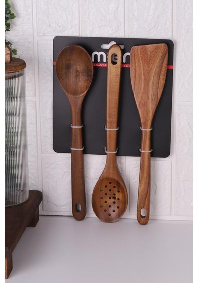 Atby Akasya Ahşap 3'lü Mutfak Kaşık Seti Delikli Kaşık Karıştırma Kaşığı Ve Spatula