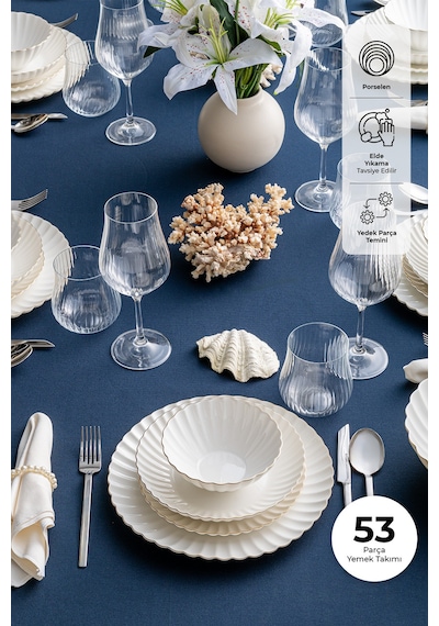 Emsan Perla Fine Bone 53 Parça 12 Kişilik Yemek Takımı Gold Beyaz