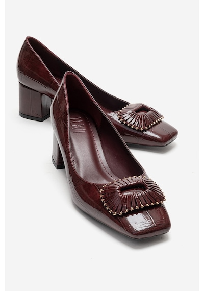 Luvishoes Velora Bordo Baskılı Tokalı Kadın Kalın Topuklu Ayakkabı Bordo