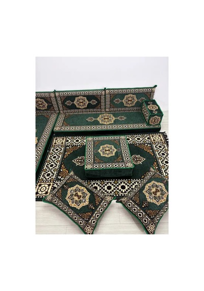 Güneş Modeli Yeşil Otantik Şark Köşesi Takımı L Set - Geleneksel Yer Minderi Seti 10 Cm Minder Kalınlığı 13 Parça