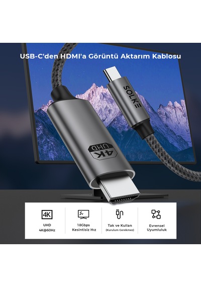 Solke Type-c To Hdmı Kablo 2 Metre 4k 60hz 18gbps Örgülü Alüminyum Görüntü Aktarma Kablosu