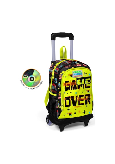 Coral High Kids Siyah Neon Sarı Game Over Desenli Üç Bölmeli Işıklı Tekerlekli  Çekçekli Okul Sırt Çantası 23928