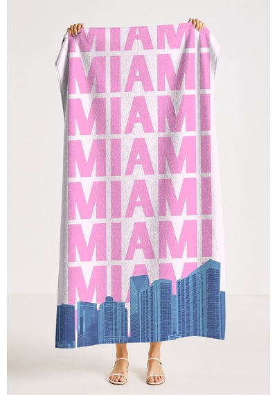 Miami Yazılı Amerika Temalı Plaj Havlusu - Pembe Mavi Skyline Havuz Deniz Banyo Sahil Örtüsü İnci Zeytin