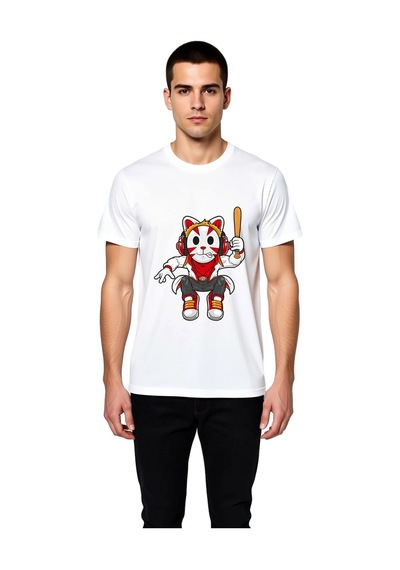 Paybuy Kedi Verili Beyzbol Şapkalı Baskılı Erkek Tişört Beyaz