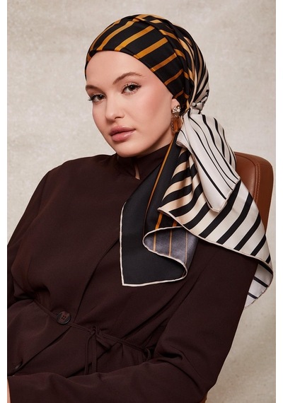 Levidor Şerit Desen Twill İpek Eşarp-0909 Gold