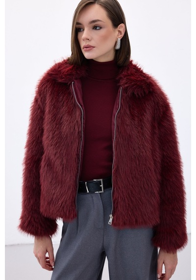 Sateen Fermuarlı Kürk - Bordo-136673 Bordo
