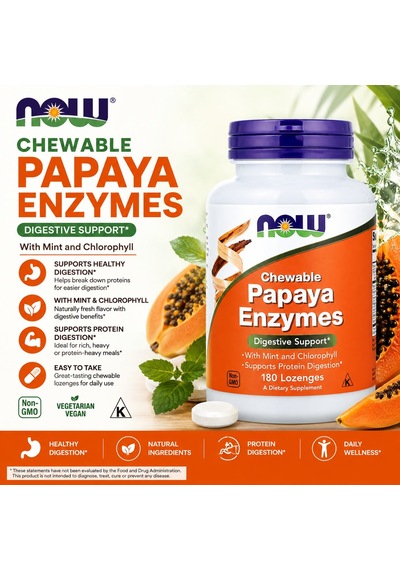 Now Foods Chewable Papaya Enzymes Digestive Support With Mint And Chlorophyll 180 Lozenges