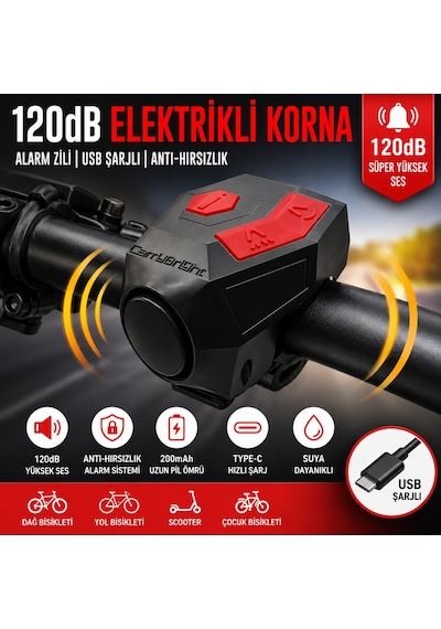 Triline 120 Db Usb Şarjlı Bisiklet Kornası Alarm Zili Anti Hırsızlık Elektrikli Korna Scooter Siyah