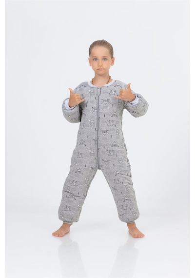 Cantoy Kız Erkek Çocuk Kalın Elyaf Dolgulu Premium Kalite 2.5 Tog Desenli Uyku Tulumu Gri Melanj