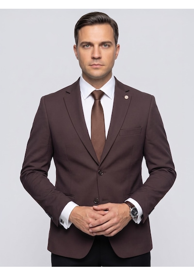 Plus Scorpion Erkek Slim Fit Ceket Likralı Fitilli Kumaş, Çift Düğmeli Tek Yırtmaçlı Modern Tasarım Kahverengi