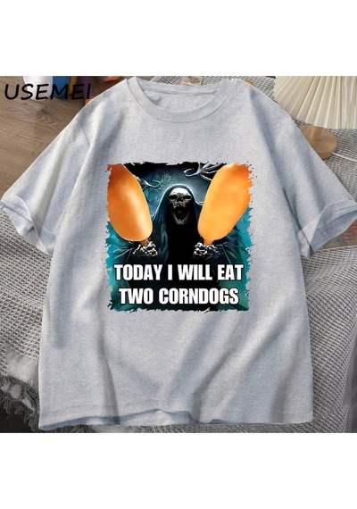 Flood Of Style Kötü İskelet Meme T Shirt Kadın Erkek Bugün Ben İki Mısır Köpekler Yiyecek Tshirt Boy Pamuk K Gri