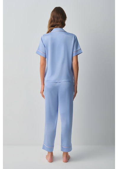 Suwen Clara Gömlek Yaka Pijama Takımı Wsh10510061015 Mavi