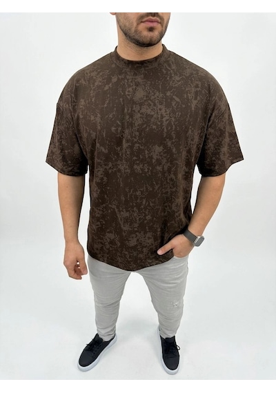 Barlashive Erkek Premium Tişört Osy Yumuşak Dokulu Yıkamalı Oversize T-shirt - Kahverengi Çok Renkli