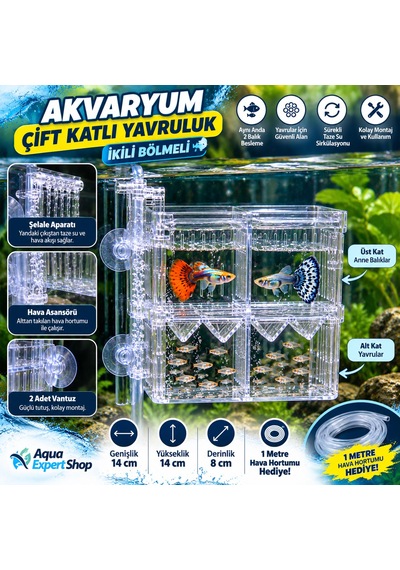 Akvaryum Çift Katlı Yavruluk - İkili Hazne - Hava Asansörlü - Şelale Filtreli - 14x14x8 Cm - Balıklar İçin Güvenli