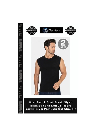 Terrien Özel Seri 2 Adet Erkek Siyah Bisiklet Yaka Kolsuz Tişört Yazlık Giysi Pamuklu Üst Slim Fit Siyah-2