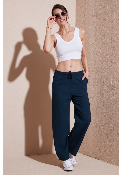 Lela Pamuklu Relaxed Fit Yüksek Bel Bol Paça Bayan Pantolon 668Yp5118 Lacivert