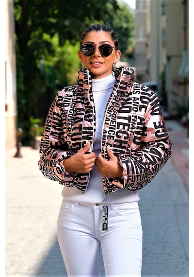 Keyifli Moda Kadın Rose Rengi Parlak Yazılı Dik Yaka Su Geçirmez Kısa Şişme Mo