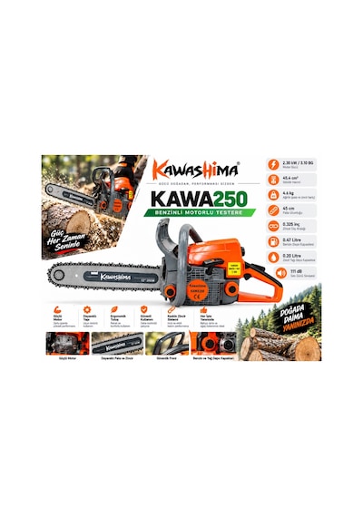 Algaride Kawashima Kawa250 Benzinli Motorlu Testere 45.4cc 45 Cm Kılavuz 3/25 Zincir Güçlü Ve Dayanıklı Kesim Motoru
