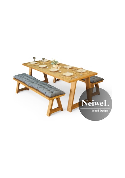 Neiwel Aries Doğal Ahşap Banklı Yemek Masası Takımı-100-220 Takım Açık Ceviz