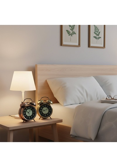 Twin Bell Alarm Clock Bgc-51 Yuvarlak Masa Çalar Saat - Metal Eskitme Kasa, Pilli, Işıklı Ve Fosforlu, 10 Cm