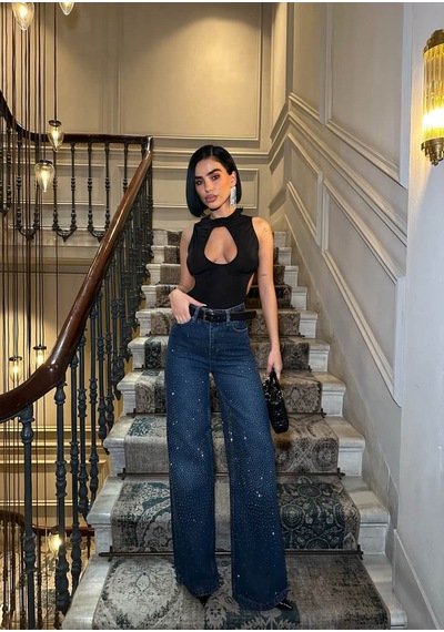 Glammoss L'atelier Yüksek Bel Taş Detaylı Wide Leg Jean Pantolon Bluestone Bluestone