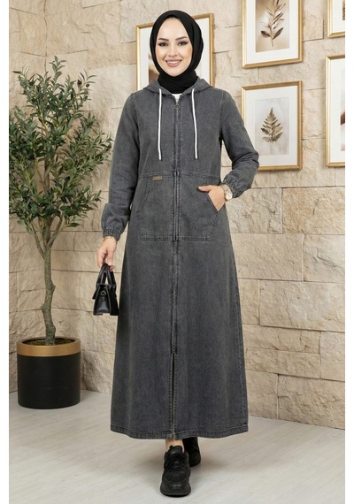 Hb Harma Time Butik Kadın Kapüşonlu, Cepli Ve Fermuarlı Denim Koyu Gri Kot Kap