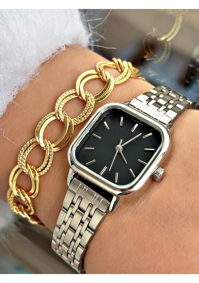 Limited Edition Metal Kordon Classic Tasarım Kare Model Metal Kasa Kadın Kol Saati-bileklik Hediyeli Çok Renkli