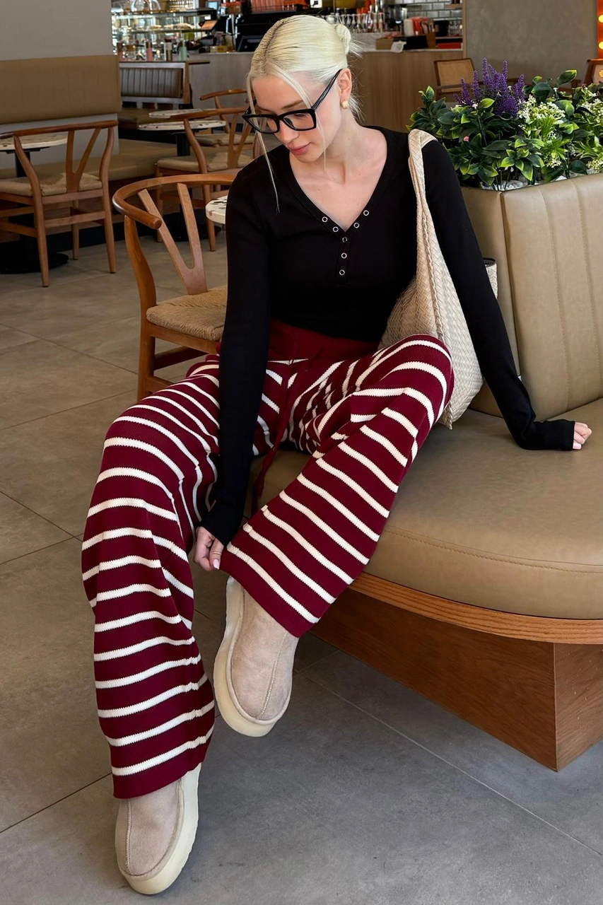 Bordo Çizgili Kadın Triko Pantolon Mg2342 Bordo