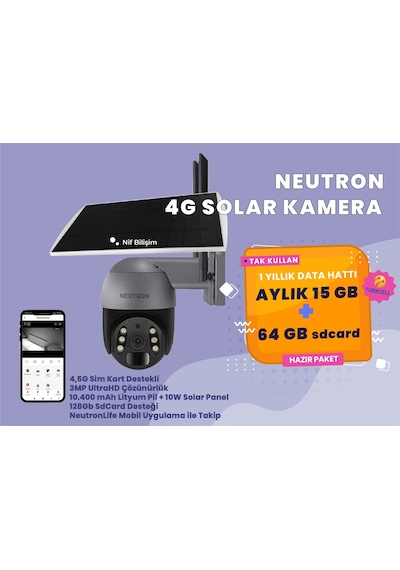Neutron 3mp 360 Derece 1 Yıllık Sim Kart + Hafıza Kartı Dahil 4.5g, 64gb Sd Kart Dış Mekan Solar Güneş Panelli Kamera