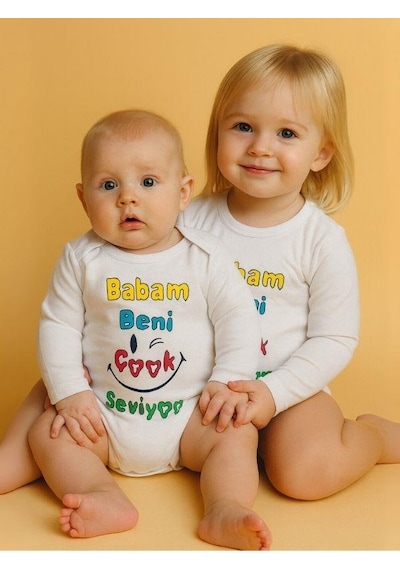 Zekids Bebek Babam Beni Çok Seviyor Yazılı Pamuklu Uzun Kol Çıtçıtlı Body-16093 Ekru