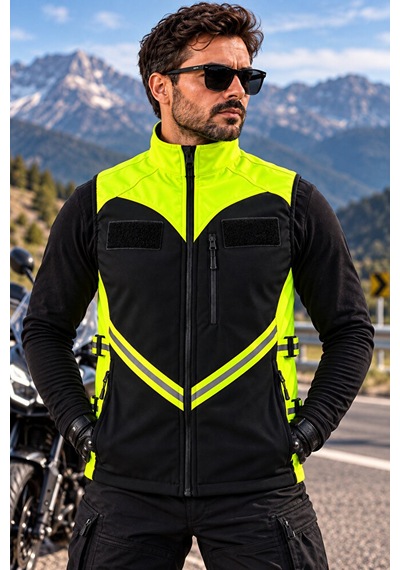 Snow Wolfs Softshell Kumaş, Suya Dayanıklı Motorcu Yeleği, Reflektörlü, Yanlarından Ayarlanabilir Siyah