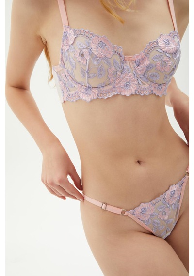 Arinda Romantic Zarif Çiçek Desenli İşlemeli Balenli Kapsız Bralette Sütyen Tanga Alt Üst İç Çamaşırı Takımı 2 Parça Somon
