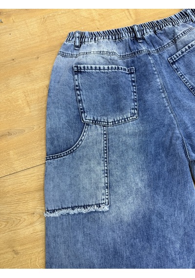 Büyük Beden Denim Beli Lastikli Taşlı Yırtık Detaylı Bol Kesim Kadın Pantolon Mavi