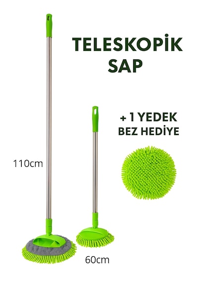 Nobera Teleskopik Mikrofiber Oto Yıkama Mop Araba Yıkama Fırçası +1 Yedek Bez