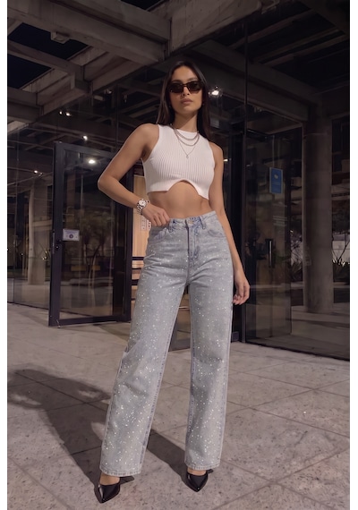 Kadın Açık Mavi Likralı Yüksek Bel Önü Full Taşlı Wide Leg Geniş Paça Jean Kot Pantolon