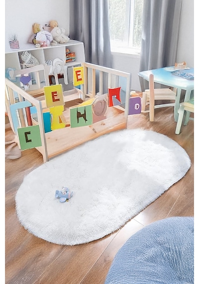Beyaz Oval Post Halı Peluş Yumuşak Kaymaz Dot Taban Makinada Yıkanabilir Yolluk Beyaz