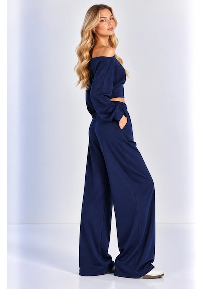Mevese Kayık Yaka Korseli Crop Bluz - Cep Detaylı Palazzo Modal Takım - Lacivert Mevese Kayık Yaka Korseli Crop Bluz - Cep Detaylı Palazzo Modal Takım - Lacivert
