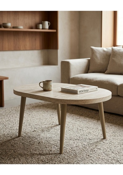 Traverten Desenli Orta Sehpa 100x60 Cm Cappuccino Ahşap Ayaklı Modern Salon Sehpası