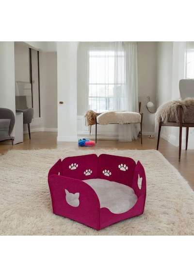 Kedi Yatağı Yuvası Evi Minderli Taşınabilir 3 Mm Keçe Altıgen Tasarım Yuva+minder Fuşya
