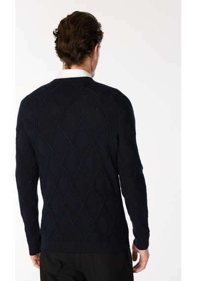 Alpha Studio Lacivert Erkek %100 Yün Slim Fit Kazak Au-7050c Crew Neck