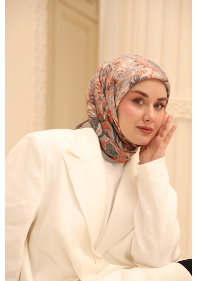 Silk Home Olinda İpek Eşarp 47002-08 Gri, Parlak Turuncu, Füme, Ekru