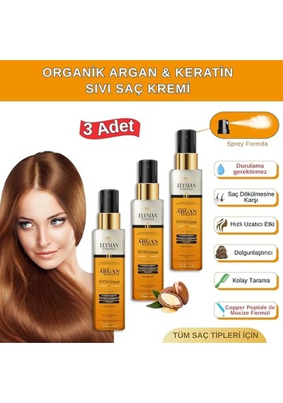 Organik Argan &amp Keratin Sıvı Saç Kremi 3'lü Set Durulanmayan, Dökülme Karşıtı, Onarıcı Ve Dolgunlaşt