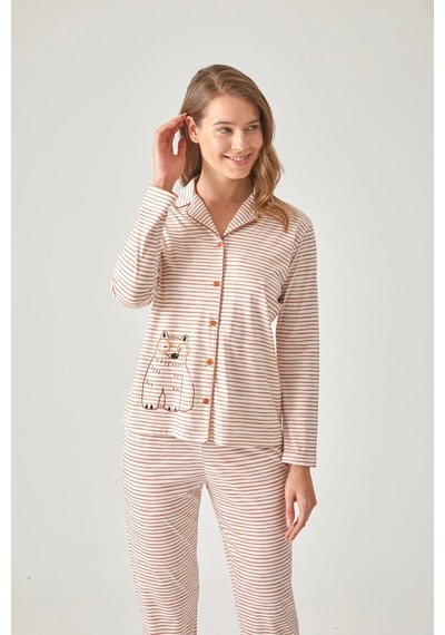 Pamuk & Pamuk Turuncu Çizgili Önden Düğmeli Baskılı Pijama Takımı Beyaz