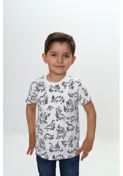 Toontoy Kids Toontoy Erkek Çocuk Komple Dinazor Baskılı Tişört Beyaz