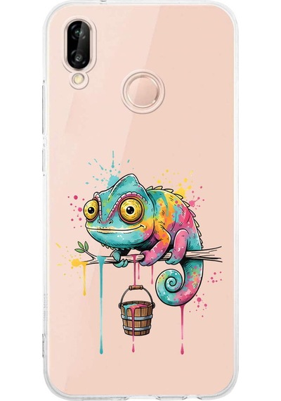 Huawei P20 Lite İle Uyumlu Splash Bukalemun Tasarımlı Şeffaf Silikon Kılıf Şeffaf