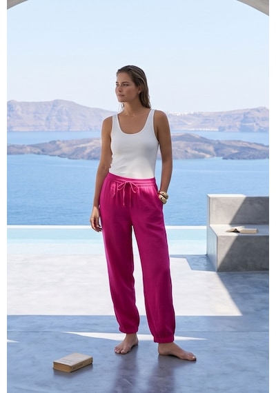 Kadın Fuşya Bağcıklı Rahat Pantolon Beli Lastikli Yazlık Hafif Kumaş Günlük Casual Palazzo Pantolon Pembe